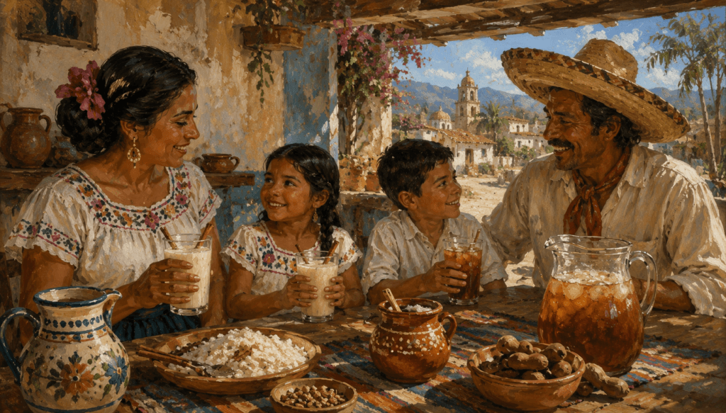 Mexicanos consumindo agua fresca